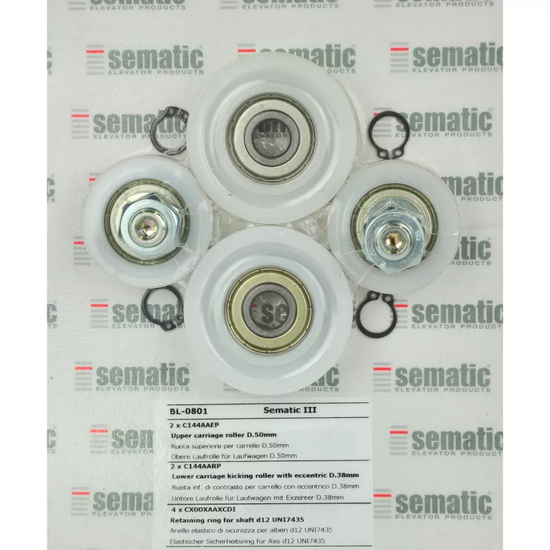 BL-0801 | KIT ROLLERS FOR CARRIAGE (2 X UPPER D.50MM AND 2 X LOWER D.38MM AND 4 X RING)